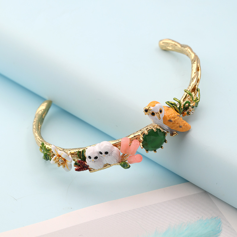 法式新款手绘珐琅釉猫头鹰动物手镯女 绿钻镀金开口手镯手环批发