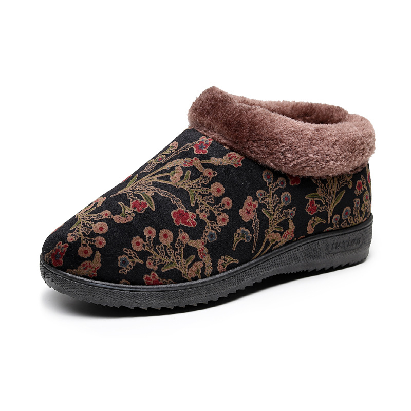 Traditional Beijing Cotton Shoes Lazy Women Grandma Shoes Winter Fleece-Lined Platform Mother Soft Bottom Non-Slip Warm Elderly Cotton Slippers