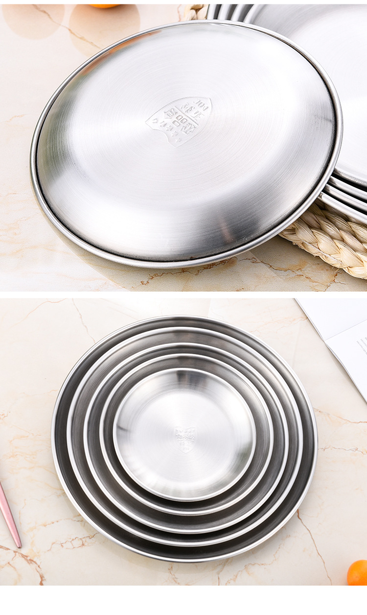 韩式304不锈钢圆盘 加厚银色水果盘蛋糕自助餐盘子餐厅托盘烤肉盘