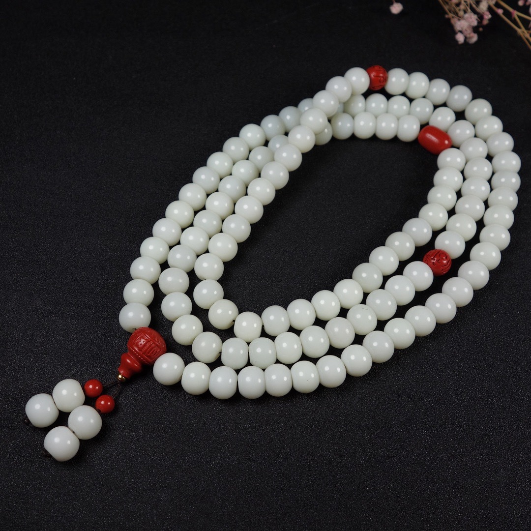 天然和田玉念珠项链新疆和田玉白玉108颗佛珠毛衣项链