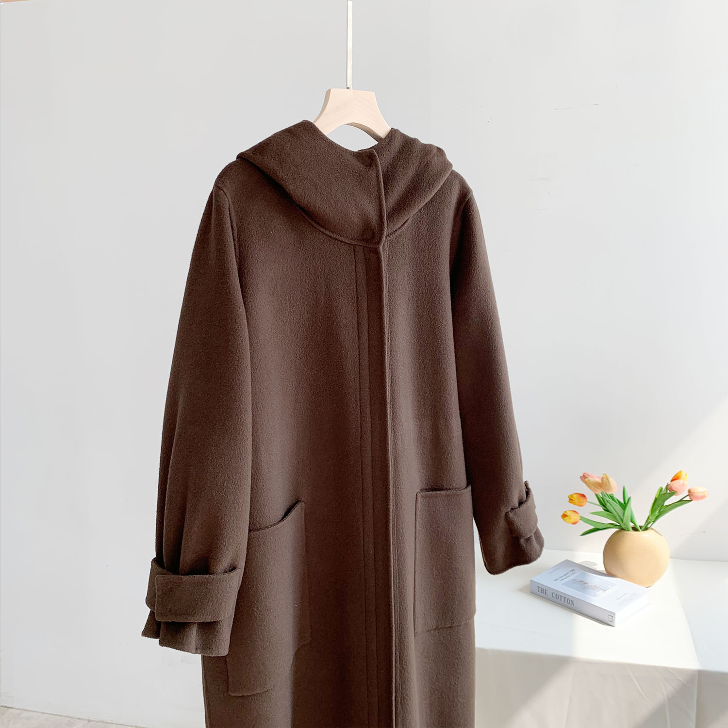 【不退换】2020秋冬新韩版连帽收腰长款羊绒羊毛大衣sff179