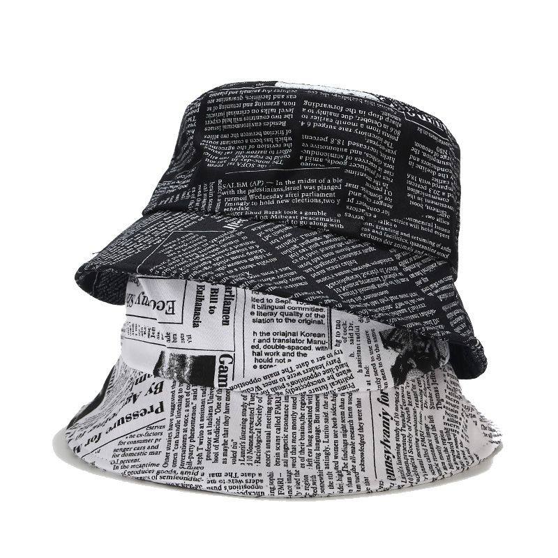 新款印花报纸盆帽夏韩版字母帽子女潮牌水桶帽街头个性涂鸦渔夫帽