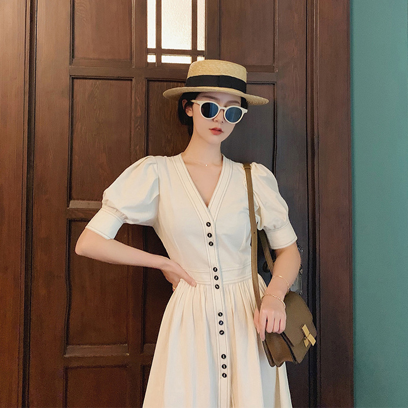 2023 Dress Women's Summer New High Waist Lantern Sleeve White V-neck Temperament Waist-Controlled French Long Dress