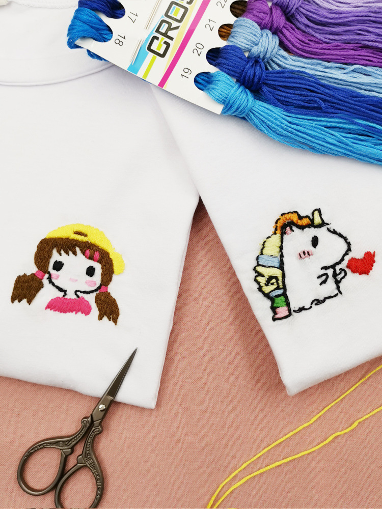 手工刺绣diy自绣衣服情侣短袖小白礼物 t 恤材料包情侣送男友绣花