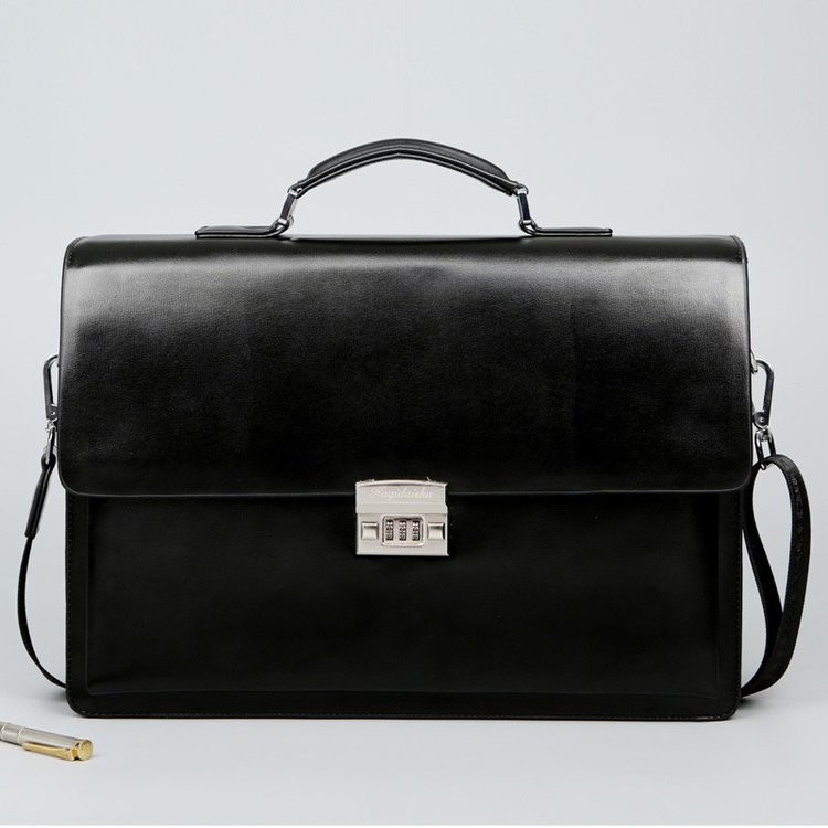 手提包商务男单根车缝线内贴袋纯色单肩包硬把包盖式黑色公文包