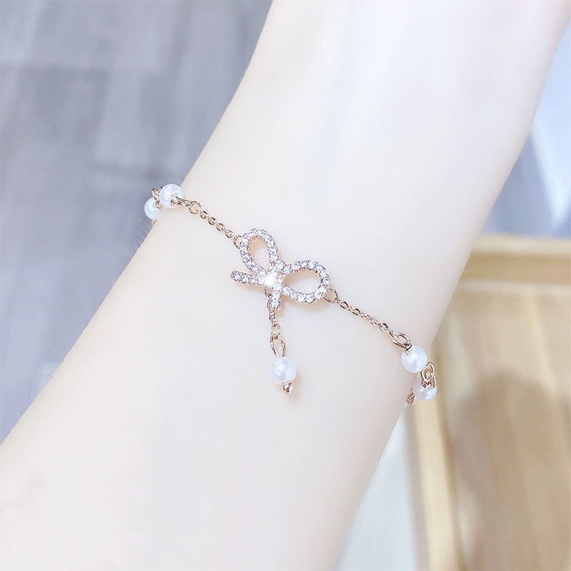 2023 New Bracelet Women's Korean-Style Simple Double Layers Loving Heart Bow Bracelet Full Diamond Pearl Bracelet Source Factory