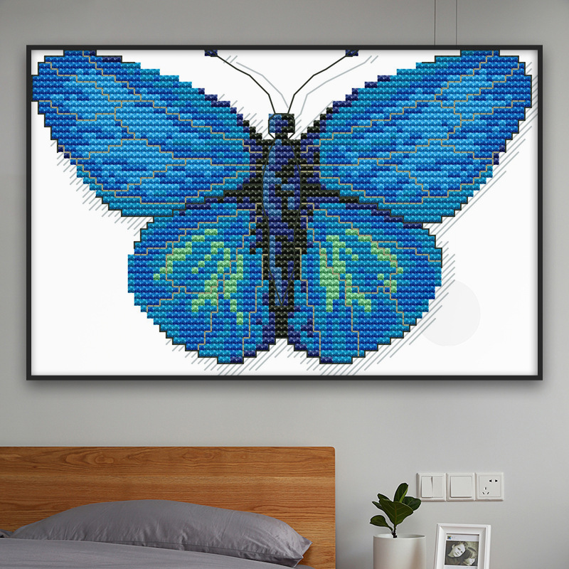 欢乐99印花十字绣蓝色蝴蝶儿童宝宝卧室自绣刺绣diy材料包刺绣画