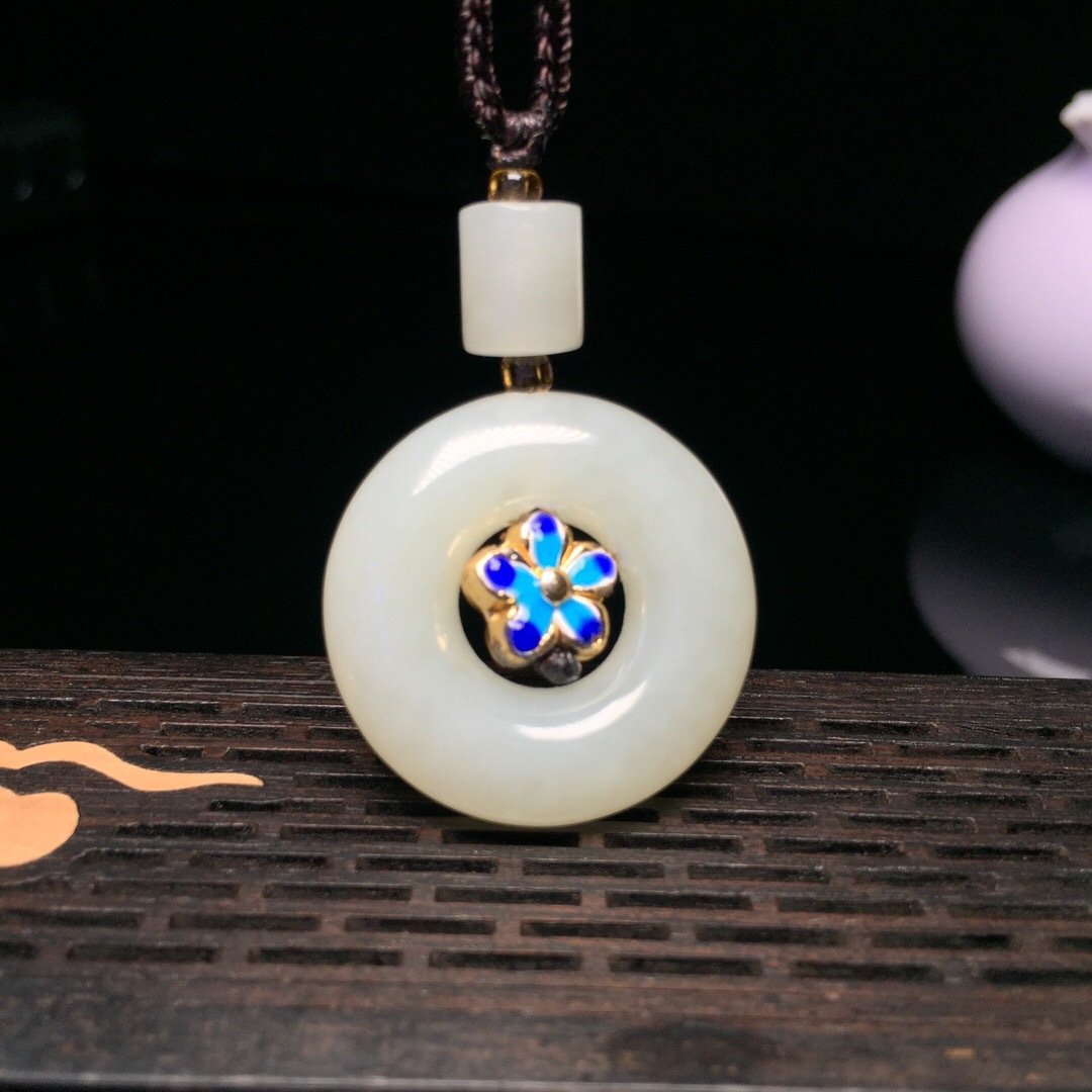 天然新疆和田玉白玉平安扣吊坠 男女玉石面包圈和田玉平安环玉坠