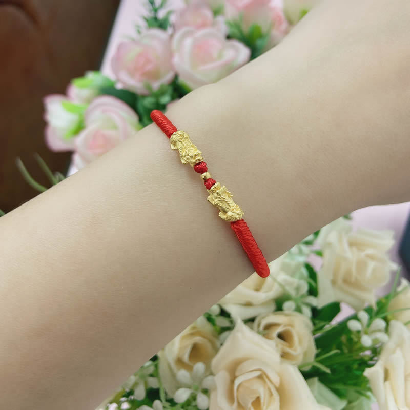 3d 硬金 999 足金黄金饰品 招财貔貅 双貔貅编绳 红绳手串手链