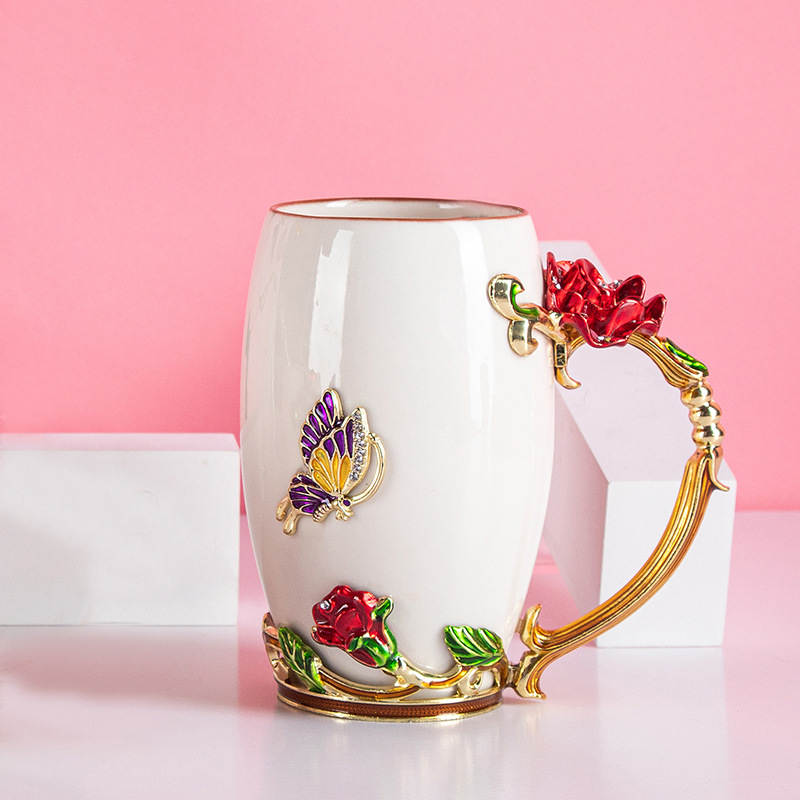 European Style Flower Zheng Yan Rose Ceramic Cup Large Capacity Enamel Handmade Water Cup Household Coffee Cup Wedding Gift