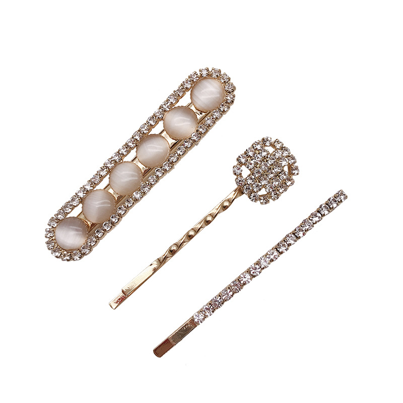 South Korea Dongdaemun Hair Accessory Full Diamond Barrettes Three-Piece Set Opal Hairpin Internet Influencer Hair Clip Bang Clip