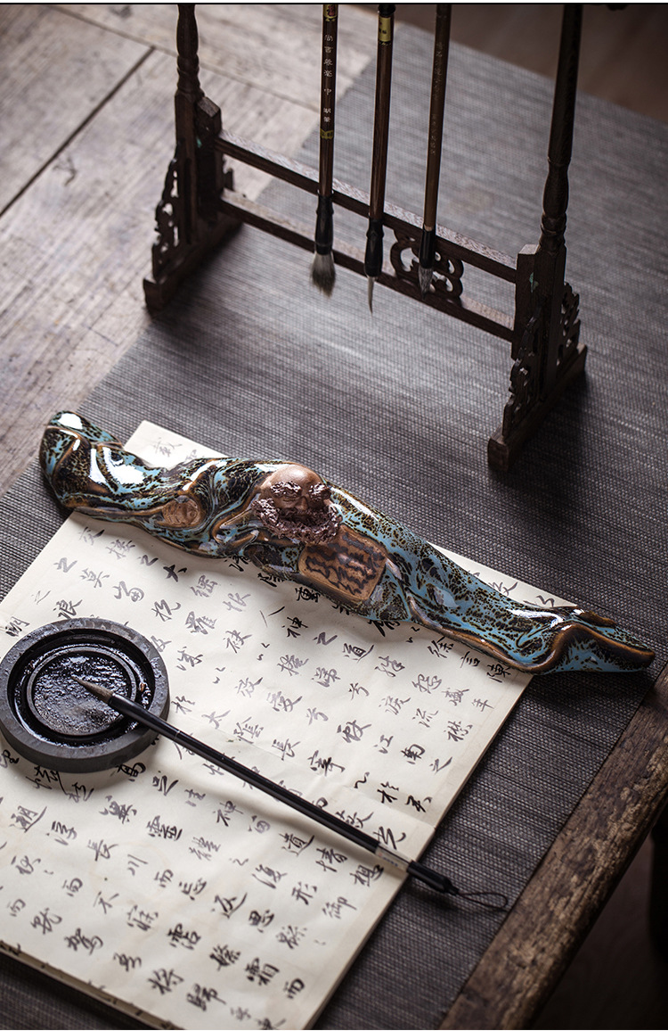 仟瓷雅集手工达摩镇纸镇尺摆件书法国画文房四宝陶瓷笔架笔搁批发