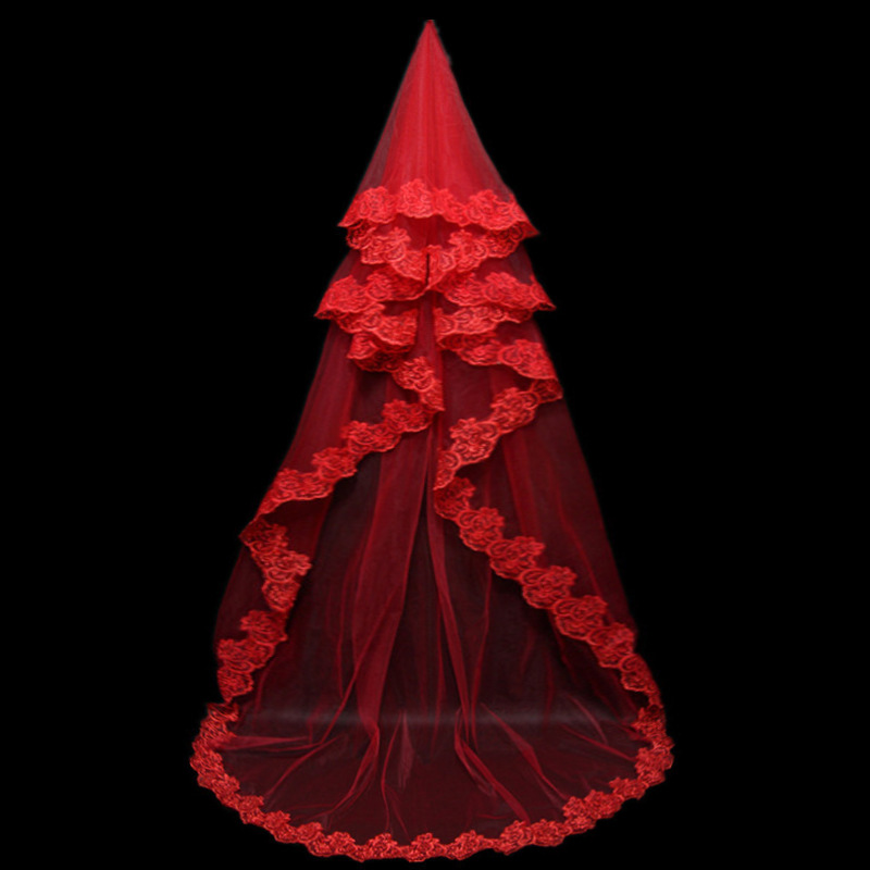 外贸红色新娘头纱加长3米拖尾蕾丝欧美婚纱礼服配件供应 厂家批发