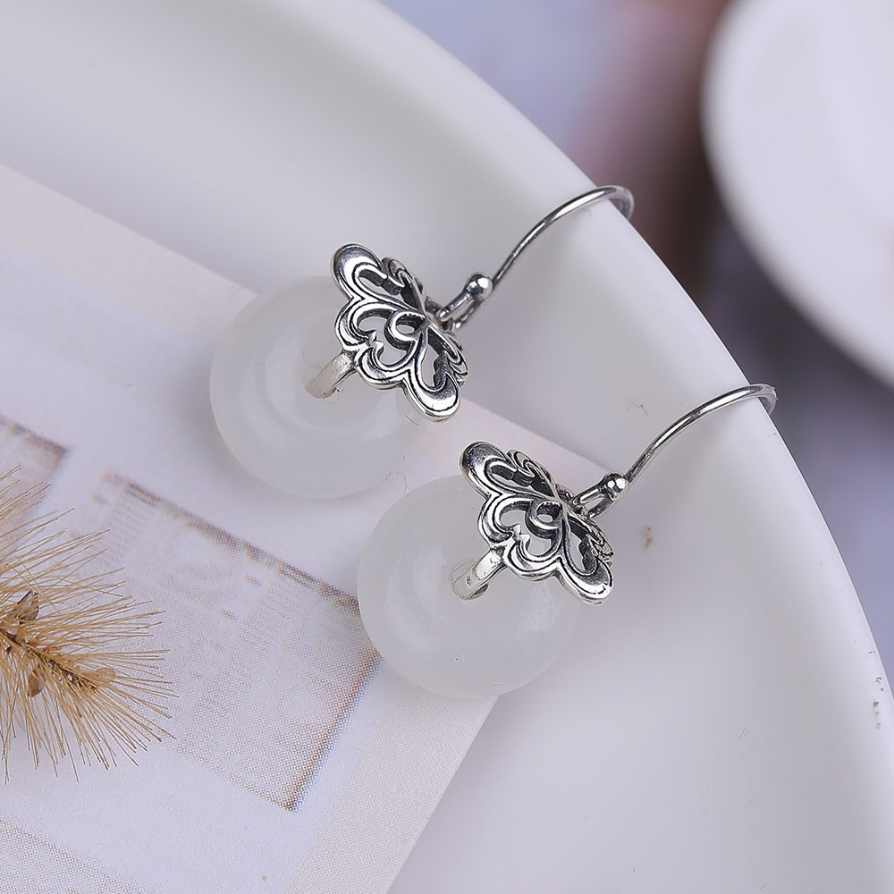 s925银复古 和田玉白玉平安扣耳钩耳饰