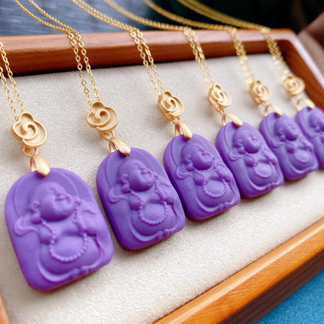 s925纯银天然紫云母佛公吊坠古法金镶嵌雕刻弥勒佛紫云母项链套链