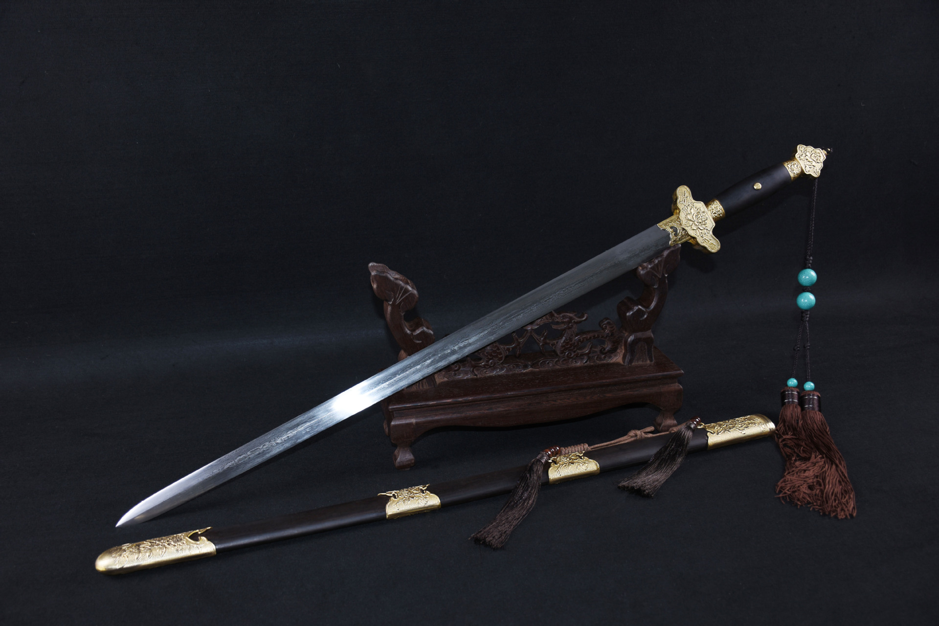 龙泉市刀剑花纹钢手工锻打四面剑传统复古唐剑乌木硬剑收藏未开刃