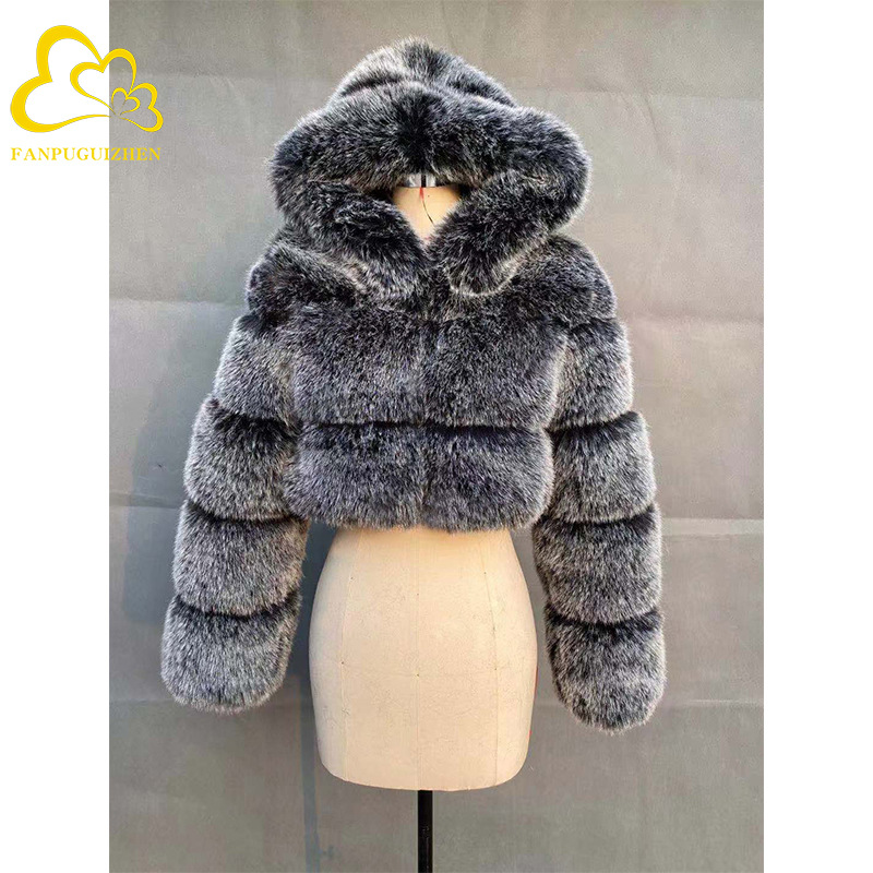 Autumn and Winter New Cross-Border European and American Short Hood Fur Coat Imitation Fox Fur Short Stitching Long Sleeve Women's Coat