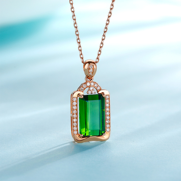 天然18k玫瑰金新款电光绿碧玺吊坠彩色宝石项链支持定制镶嵌饰品