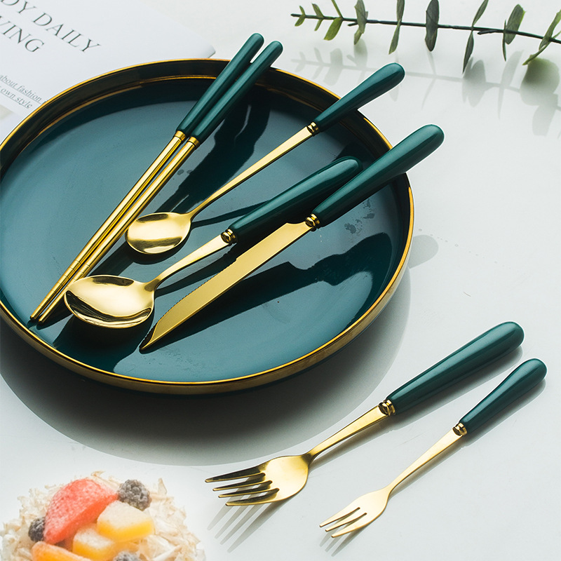 Nordic Creative Ceramic Stainless Steel Knife and Forks Coffee Spoon Moon Cake Knife and Fork Dark Green Fruit Fork Steak Knife, Fork and Spoon