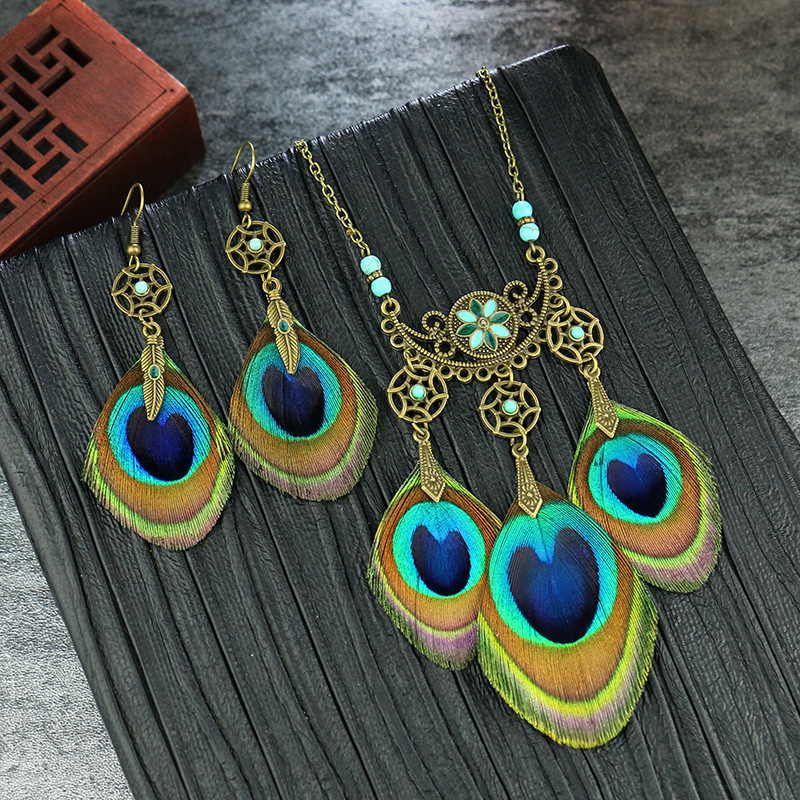 少数民族耳环天然孔雀羽毛民族风傣族自然项链耳坠套装批发