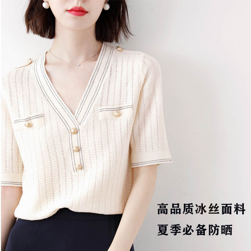 2023 New Elegant Graceful Leisure Pullover Classic Style V-neck Hollow Knitwear Short Sleeve Top Women's Thin