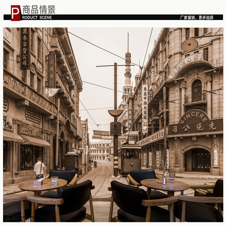 复古怀旧壁画老上海弄堂小巷街景民国背景墙壁纸酒店餐厅装饰墙纸