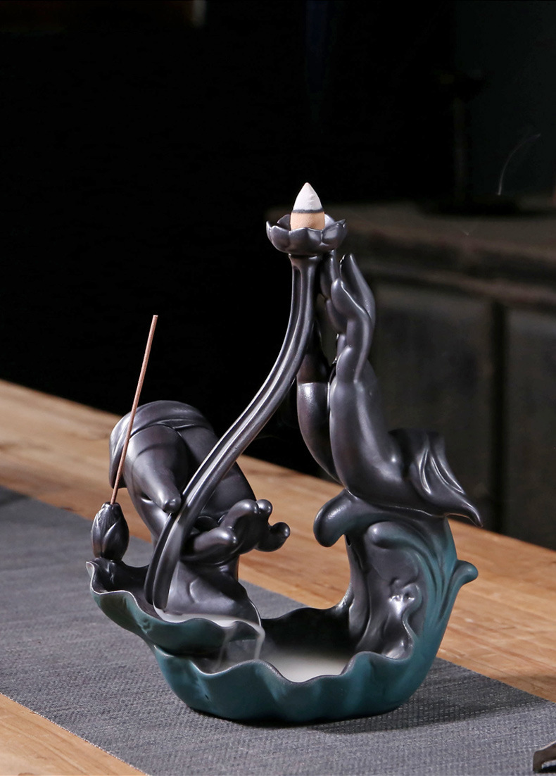 仿古莲花佛手香炉倒流香炉 陶瓷禅意家居摆件烟倒流熏香炉礼盒装