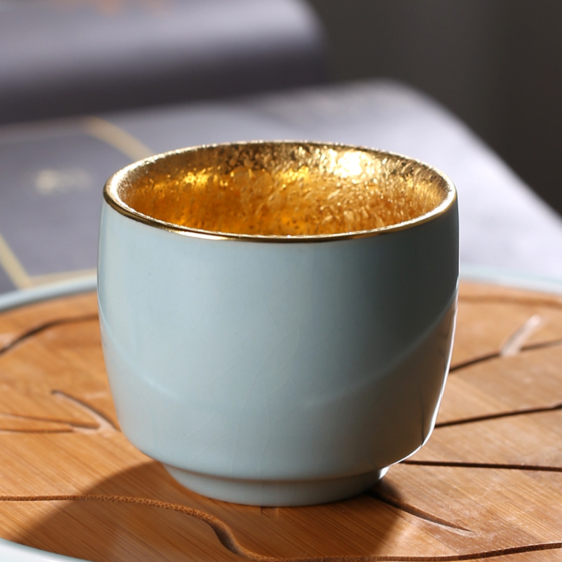 描金荷花品茗杯24k纯金茶杯水杯茶具999鎏金汝窑主人杯大号茶盏