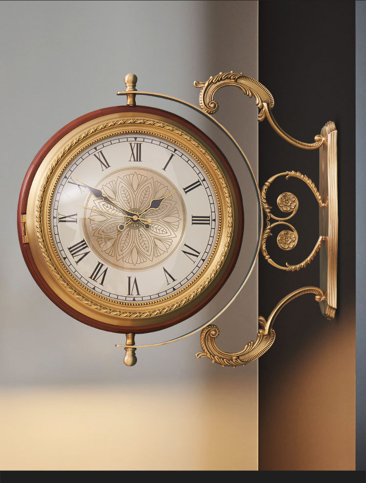 欧式个性奢华客厅双面钟大别墅静音两面挂钟实木美式挂表餐厅时钟