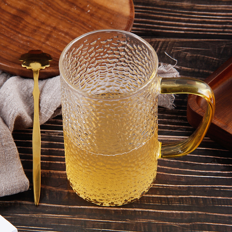 Hammered Pattern Glass Men and Women with Handle Household Cups Heat-Resistant Water Cup Japanese Style Simple Handle Glass Tea Cup Breakfast Cup