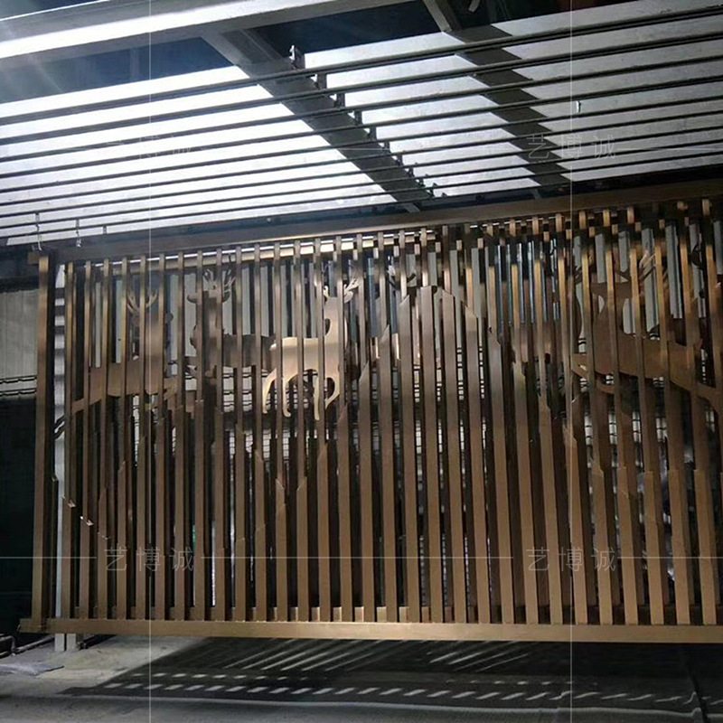 不锈钢假山水背景墙镂空雕花玄关酒店金属屏风定制花格玫瑰金格栅