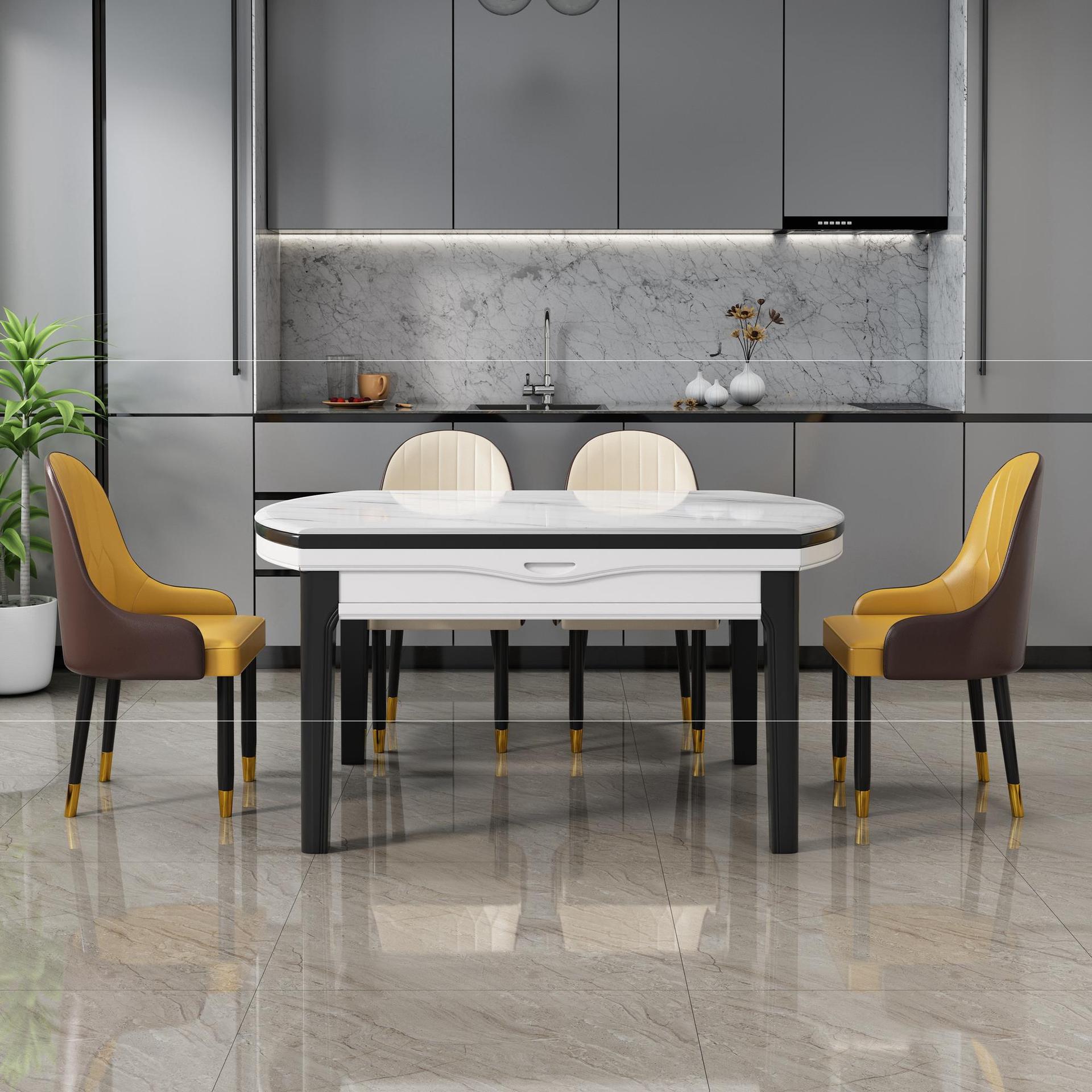 大理石餐桌家用小户型玻钢石面伸缩吃饭桌简约实木折叠餐桌椅组合