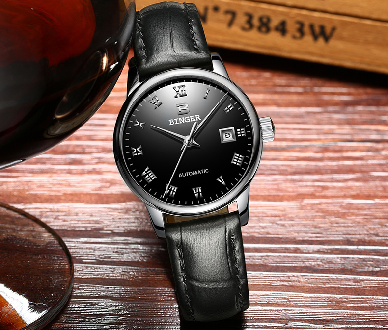 宾格binger手表全自动机械表时尚日历情侣对表精钢赛丽女士表5005