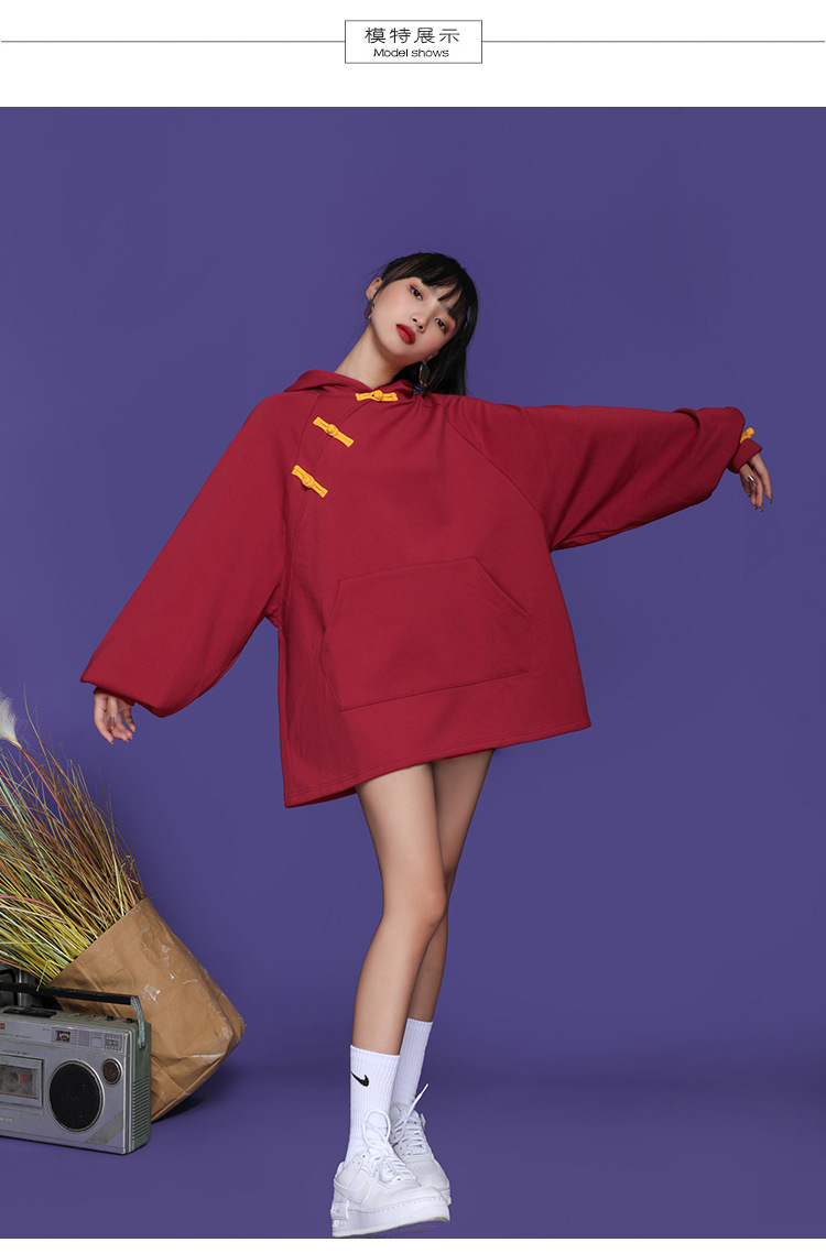 2020新款中国风少女旗袍改良版国潮大码宽松红色连帽短款卫衣裙子