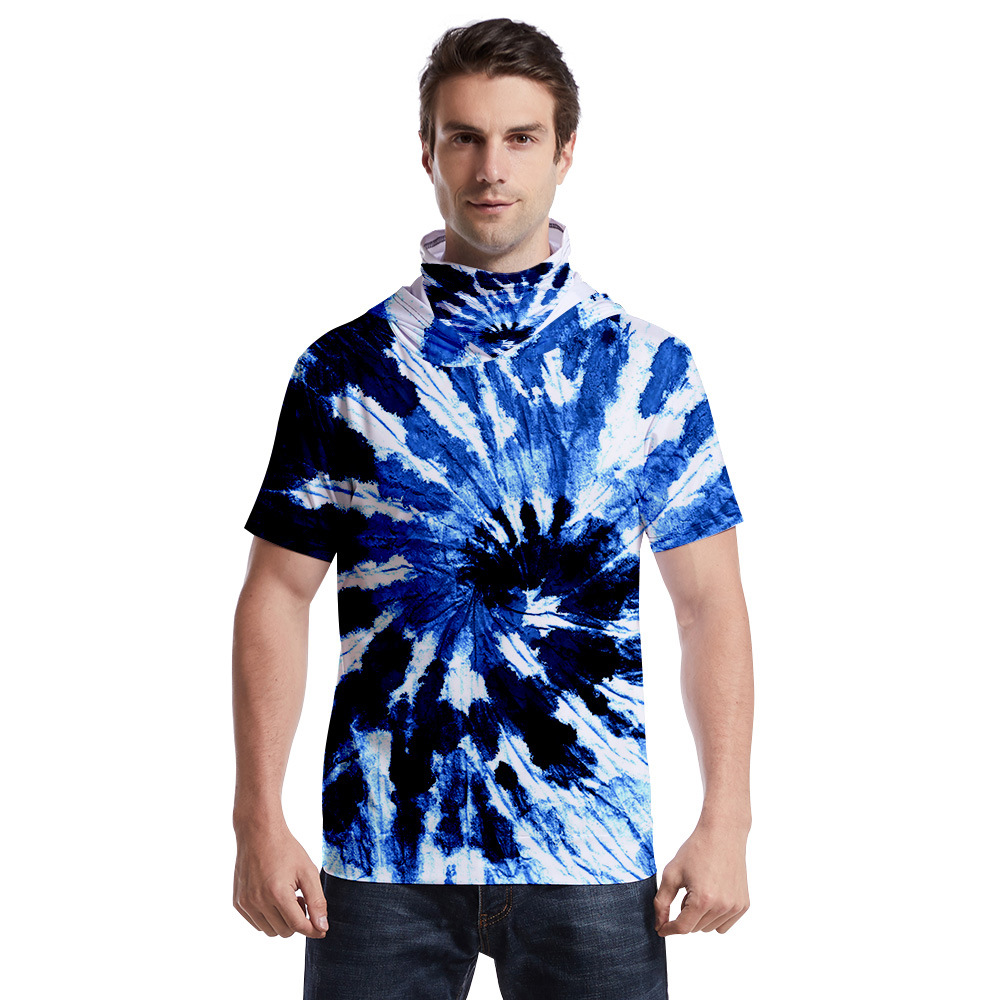 跨境新款 扎染3d户外防尘头巾连体带帽短袖学院青春流行夏季t恤