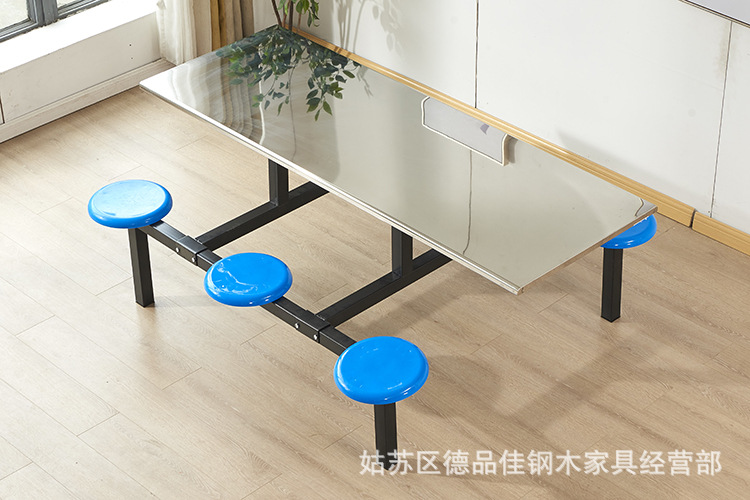 六人位连体快餐桌椅食堂餐桌企业餐厅餐桌椅不锈钢餐桌圆凳面餐桌