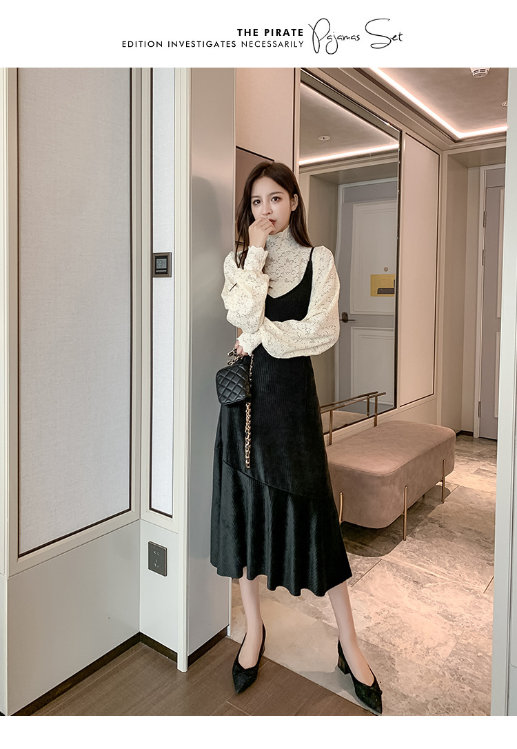 实拍灯芯绒连衣裙女新款气质垂感绒面黑色吊带裙子百搭长裙潮2020