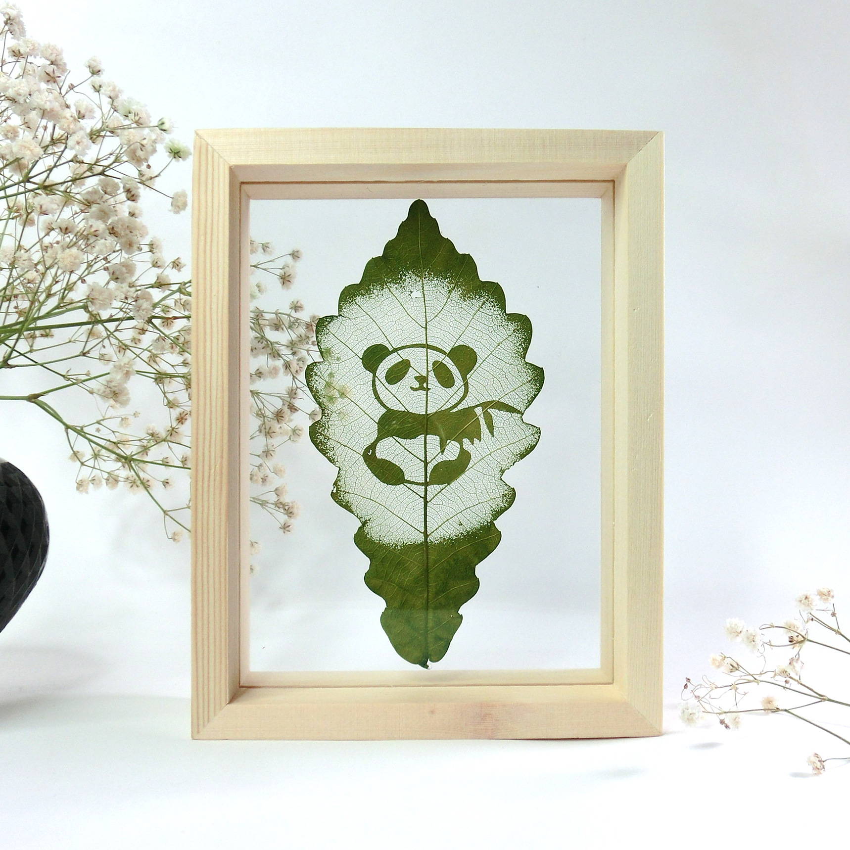 大熊猫树叶雕刻画书签中国风外事礼品出国送老外母亲节礼物