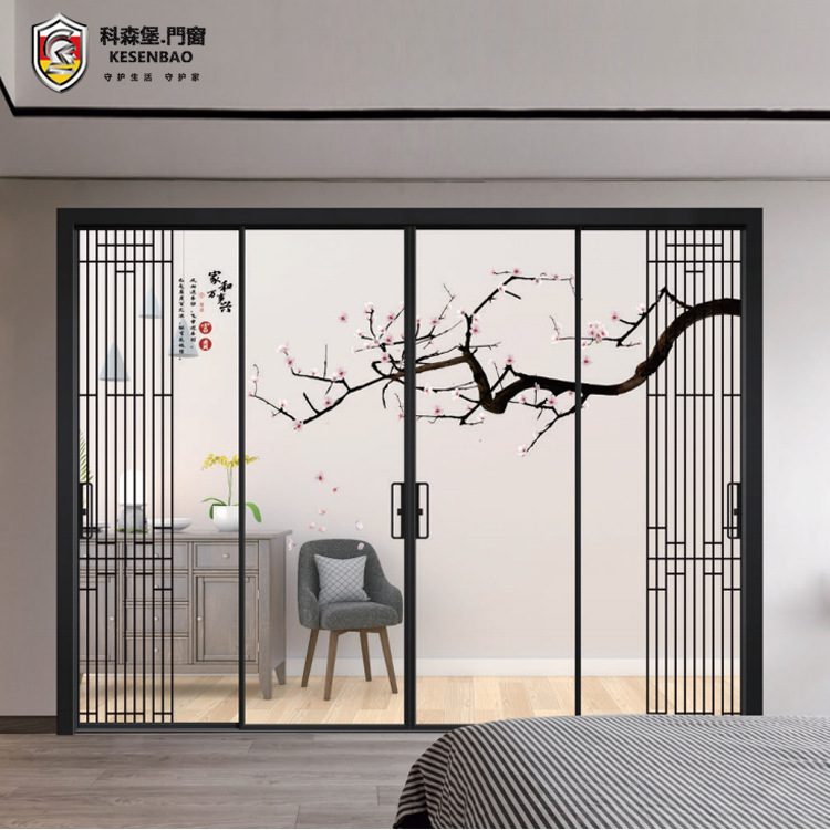 厂家批发18及窄铝合金推拉门 窄框中国风玻璃移门 厨房三门联动门