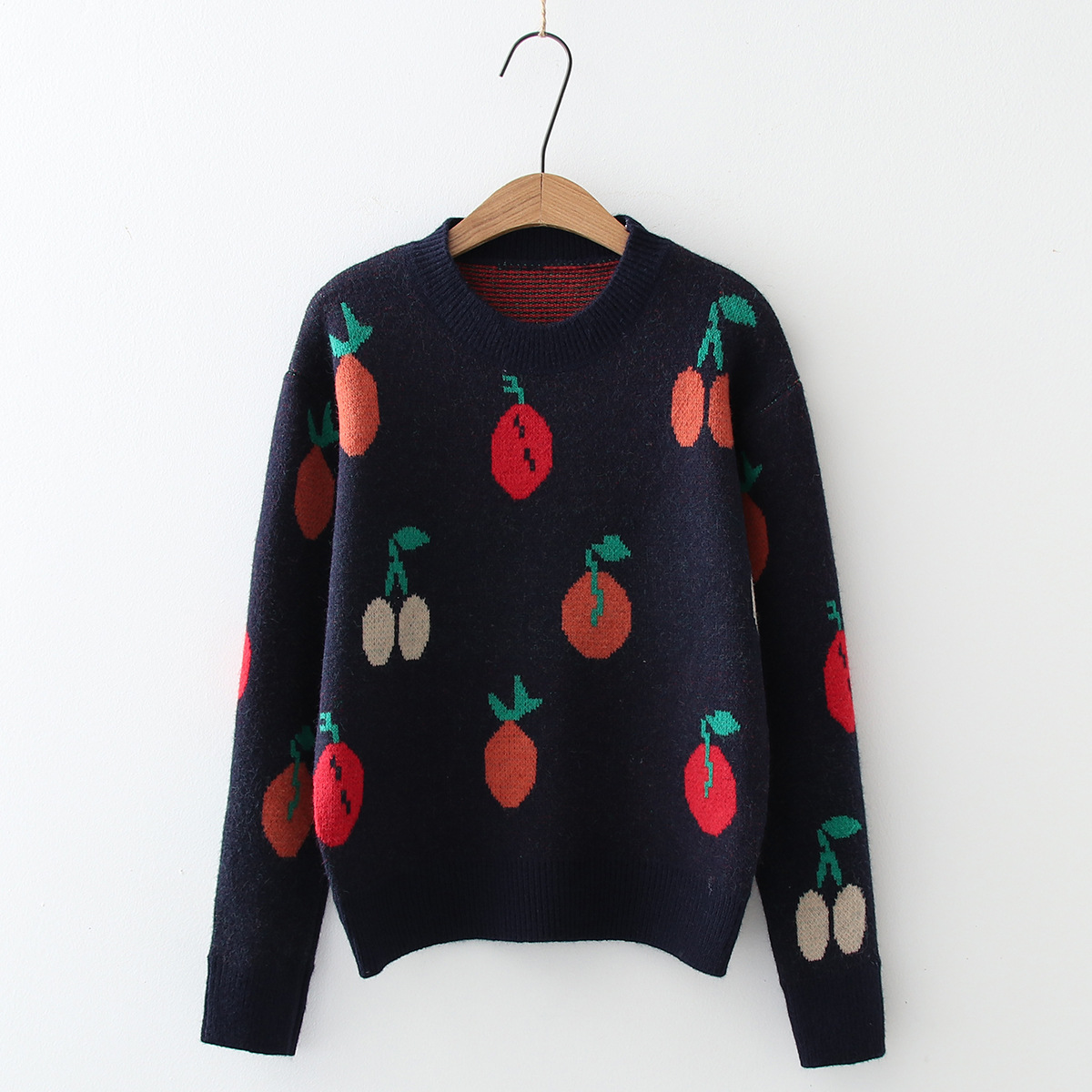 88852水果针织毛衣女宽松拼色圆领套头学生少女上衣女2020新款