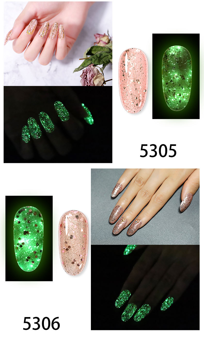 跨境新款夜光玫瑰金甲油胶 持久可卸闪粉亮片光疗胶15ml美甲专用