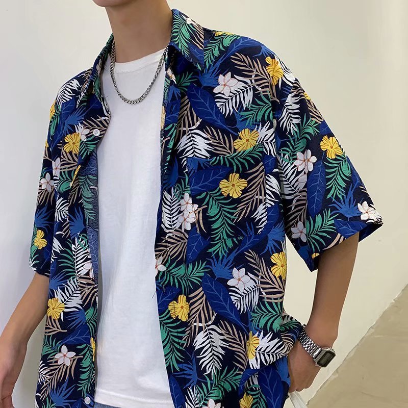 港风复古五分袖花衬衫男韩版宽松帅气衬衣ins原宿风青年休闲上衣