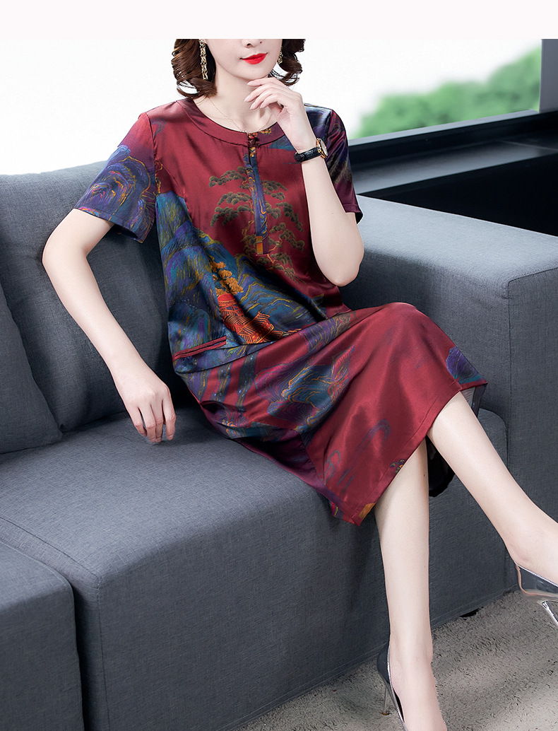 中老年女装真丝连衣裙女夏阔太太高贵妈妈母亲节贵夫人过膝长裙子