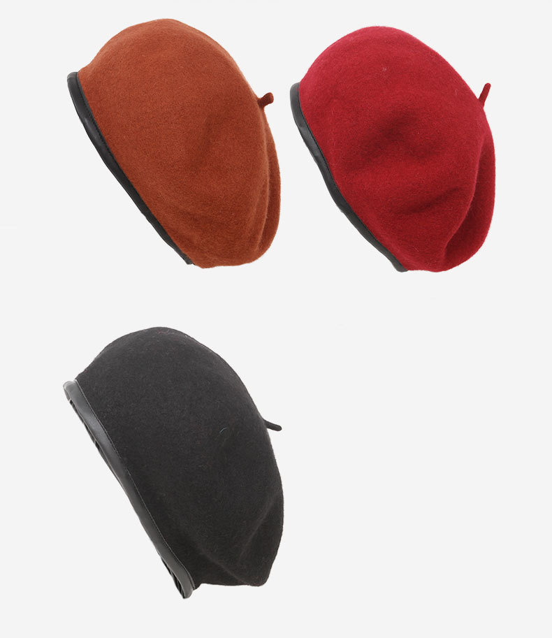 皮包边蘑菇帽加厚可调节帽子复古文艺气质羊毛女帽潮搭秋冬保暖帽