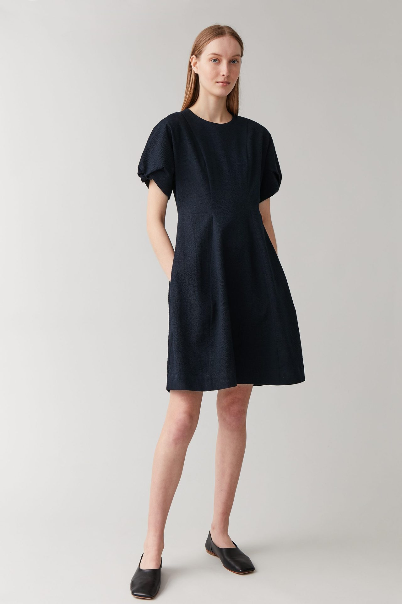 2020新款泡泡袖机理纹葳青色复古修身连衣袖 一件代发