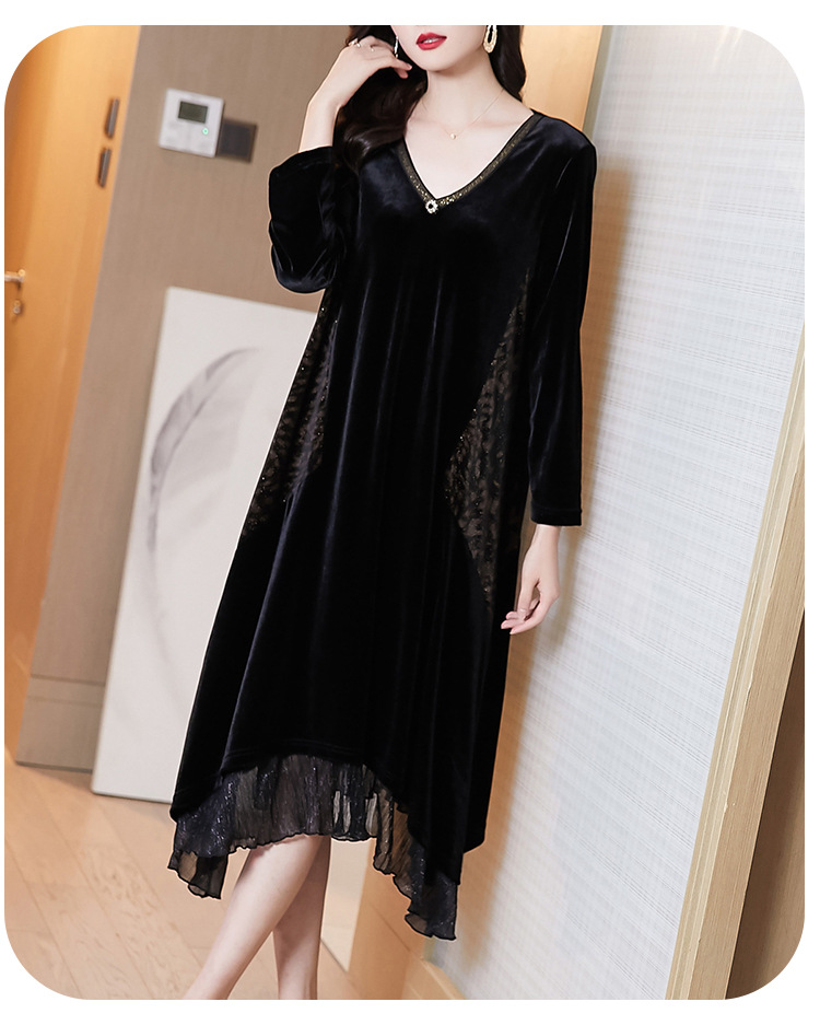 金丝绒长袖v领连衣裙女秋装2020新款贵夫人高端洋气减龄显瘦裙子