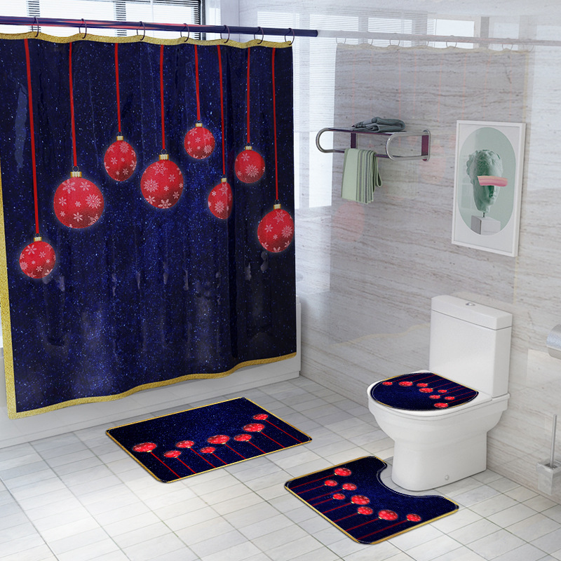 Foreign Trade Popular Style Digital Color Printing Shower Curtain Pearl Christmas Ball Carpet Set Christmas Bath Mat