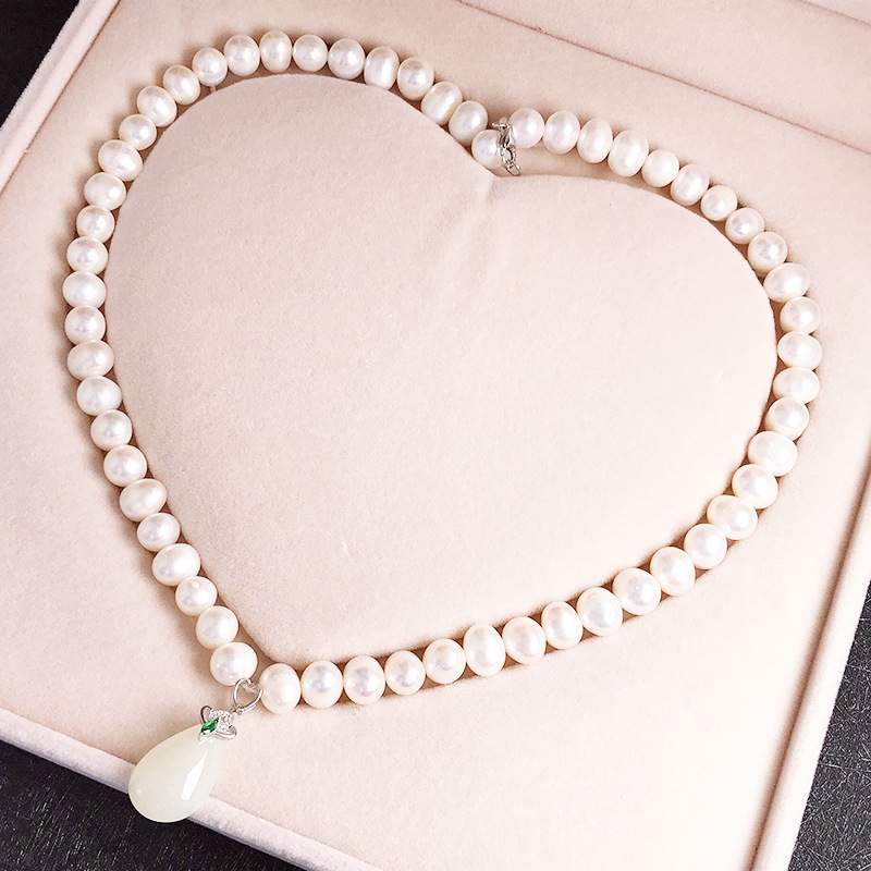 批发天然淡水珍珠项链 s925银镶和田白玉项链母亲节礼物送妈妈
