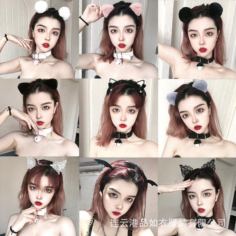 online influencer cute fur ball  headband girl little devil wings bell headband black sexy hair accessories sexy headdress