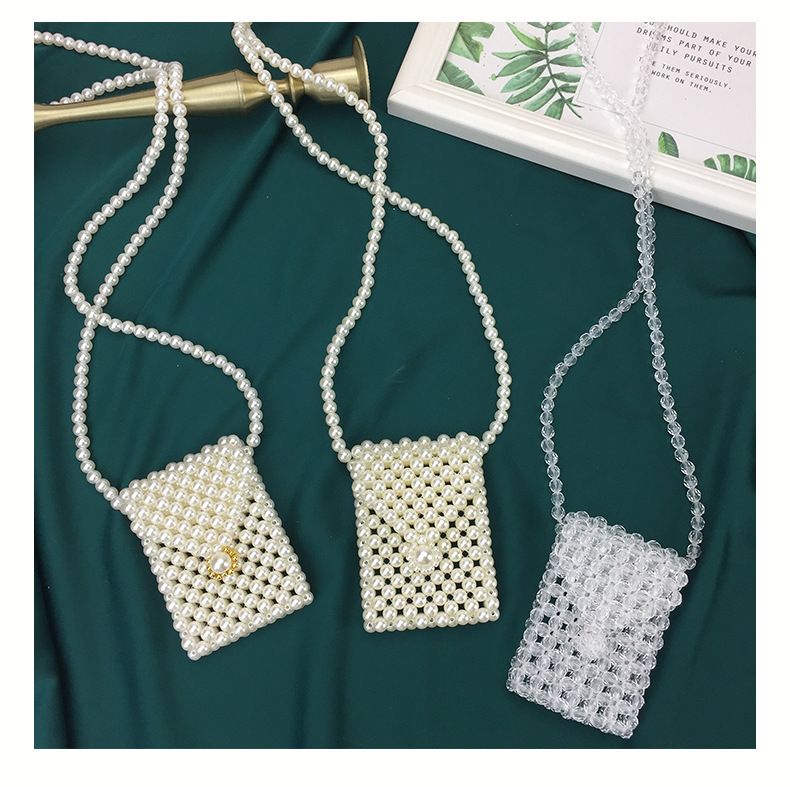 ins网红博主时尚珍珠透明水晶串珠人工编迷你卡包女式零钱斜挎包